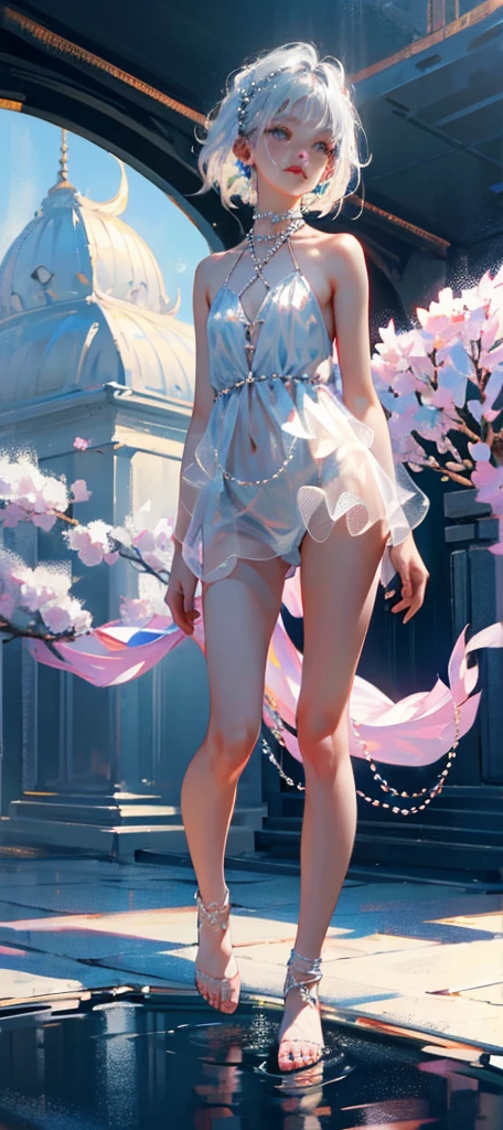 A girl、symmetry,Daughter,whole body 女恋,Put your hands together and bloom,(Very detailed:1.1),((small :1.2))、The eyes are well drawn、Charming eyes、Double tail、Wear jewelry and pearls around your neck,Transparent openwork、Deep V、Crystal Pearls、在Wear jewelry and pearls around your neck,white hair, show your thighs, Bare shoulders, Show clavicle, Yao Liu, barefoot,((whole body))、painful posture