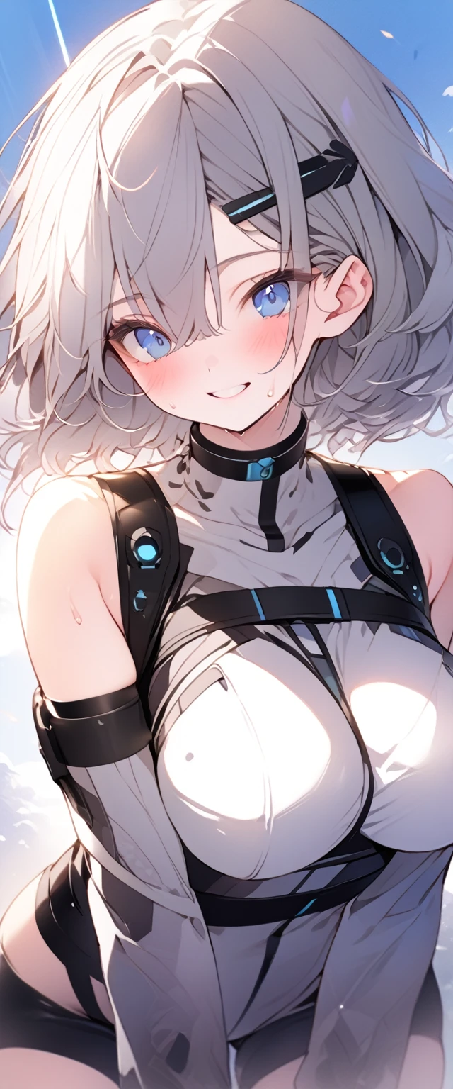 beautiful, masterpiece, Highest quality, anime, One girl, C Cup,Portrait Shot, View your viewers, Covered、Short Hair、nearby、Blue Eyes、art、、White hair,Blue streaked hair、hairpin、Thighs、Cute、blue sky、Beautiful breasts、Full Harness、valley、Sweat、Under Harness、Body Harness、Tightening、Penetration、Body belts、Plainer_Sci-fi combat uniform、PlainerSFアンダースカート、smile、Thigh under belt