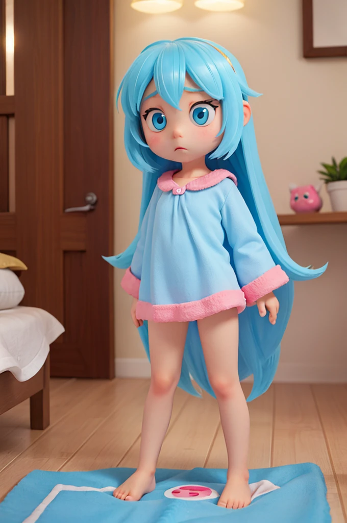 a a ??? girl, blond ewith big eyes light blue shiny and nightowel pijams, she espression is worry
, with long hair