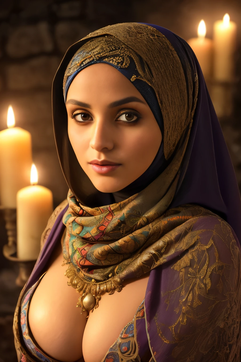 cleavage, sexy, resolution,Intricate portrait of a beautiful hijabi,triadic colors,8k,illuminated by warm litted candles,with a backdrop of eerie dungeion . stunning interpretive visual,maximalist scarf and veil. f1.0lens,tilt-shift,shalllow DOF. dramatic lighting. chiaroscuro,