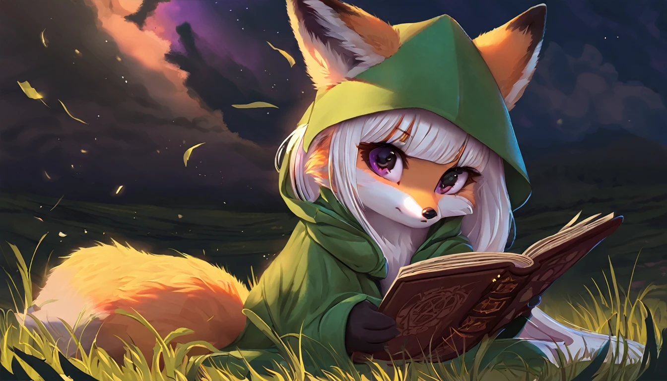 1 female fox, young, straight long white hair, green coat, (green hood down), animal hand, reading grimoire, sitting in the grassland, wind swept hair, twilight, looking at viewer