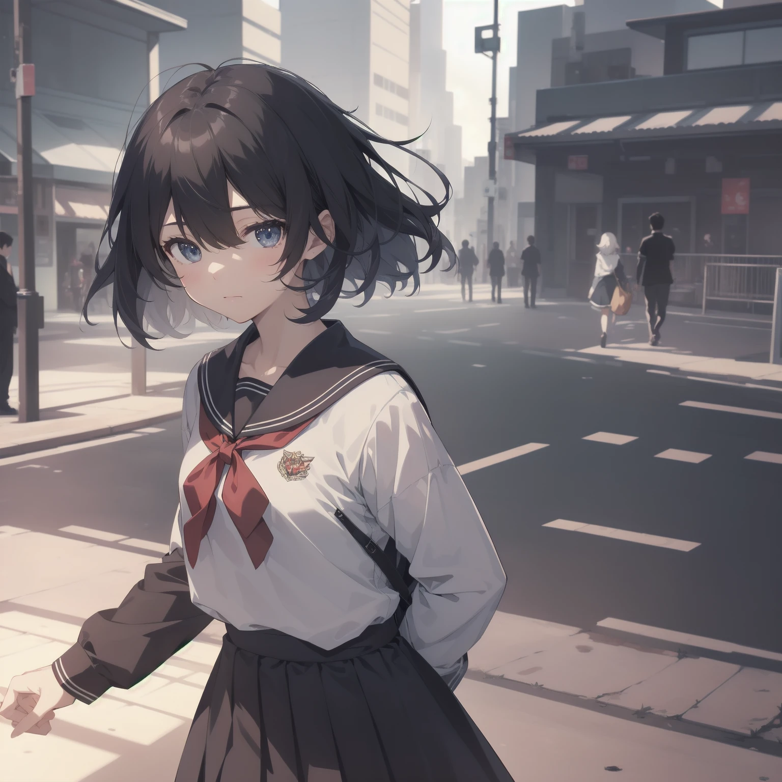 ultra-absurdres-Top quality by artist God, ultra-detailed, high resolution, anime moe artstyle, best anime 8k konachan wallpaper, pixiv contest winner, pool:2810, perfect anatomy,break, 1girl, (Please draw a girl walking sleepily to school alone. )break,(Solo,little female, 13-year-old:1.3),Full limbs, complete fingers,a junior high school student, (very short hair), short cut, flat chest, , small butt, small black eyes, beautiful detailed eyes, well-proportioned iris and pupils, expressive eyes, highres detailed hair, soft expression, salor school_uniform, sailor collar, serahuku, bow, pleated skirt,(Detailed Lighting), (Detailed background), in the School commute route. break,super detailed skin, Best cinematic lighting powered by famous artist, 8k,beauty illustration,photoshop_(medium),very aesthetic,break,((artist:saiguchi_otoufu )), artist:clamp ,artist:carnelian ,artist:kantoku ,