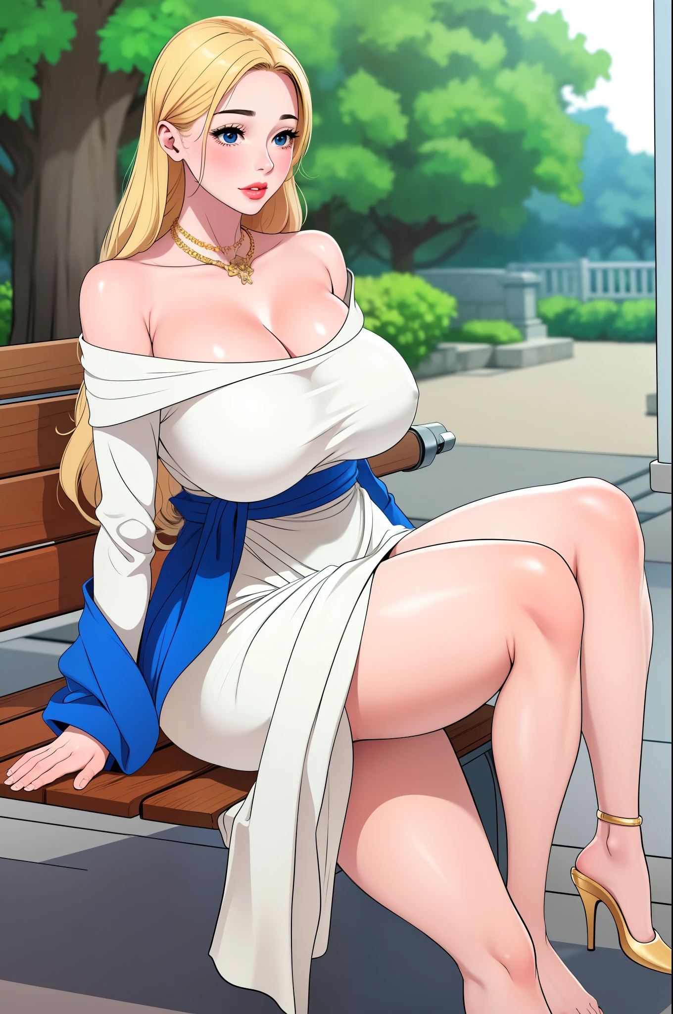 An extremely beautiful stunning voluptuous woman, with gold blonde long silky hair, big blue oceanic eyes, extremely super bright snow white fair stunning flawless glowing lush shiny white complexion and flawless skin, a perfect tight hourglass figure, and skinny waist, sexy thick smooth luscious legs and thighs, wearing a short sexy tight revealing white floral full-sleeve dress along with a blue sash on the waist, a brown off-shoulder sweater, yellow heels, gold necklace on the neck, gold anklets on feet, gold chain on the waist, sitting legs crossed on a park bench, extremely cute smile on the face, bright pink blushes on cheeks, kids park in background, show full body from head to feet.