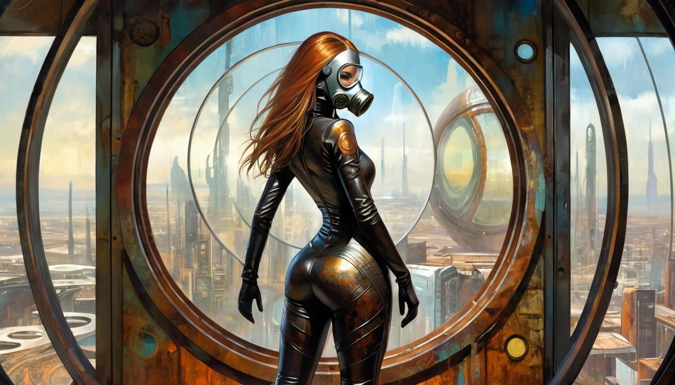 large futuristic room made of rusty metal, full body sexy girl with long hair, sexy girl in futuristic full suit and gas mask, futuristic tight pants, futuristic rusty metal window, circular, circular window shape, futuristic city views rusty metal, Dave Mckean inspired artwork, intricate details, oil painted