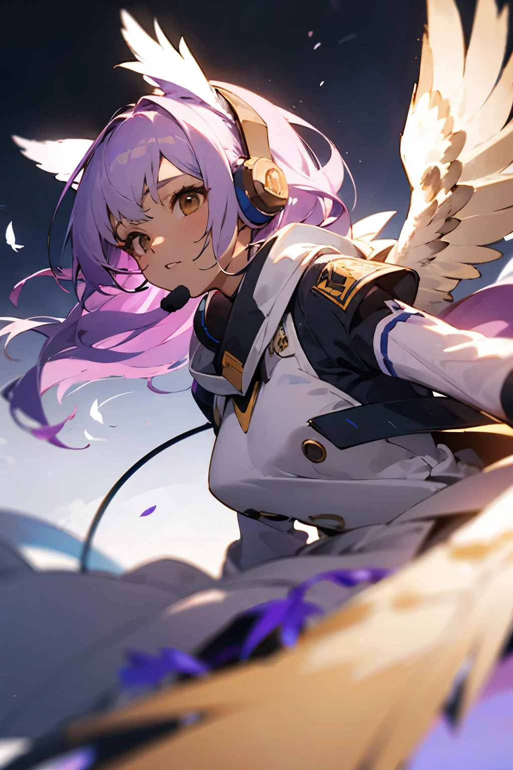     - bird girl, long light purple hair, owl wings, light brown skin, brown eyes, owl ears, purple feathers, headset mic