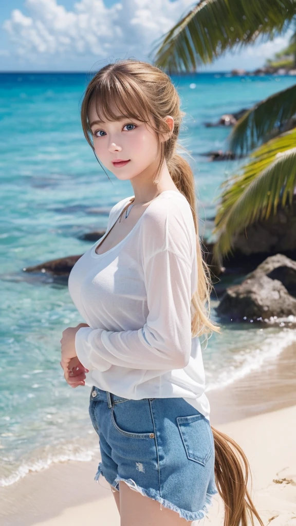 Highest quality、8k、Tropical sandy beach、Ample breasts、Cute clothes、白くbeautiful絹のような光沢のある肌,、Long bangs fluttering in the strong wind、beautiful顔、Blonde Straight Super Long、ponytail、Cute 18歳のbeautiful女の子、Baby Face、beautiful, Big pale blue eyes、double eyelid、Bright expression、