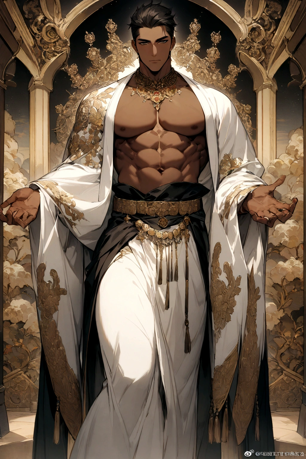 1man ,1male, realties photo and masterpiece ,top quality , best quality and offical art, very detailed,most detailed , God, short hair, Handsome man , necklase , pectoral, abs , brown skin, black eyes, Handsome, Muscular ( wide shouldersand wide waist) ,Indian male model