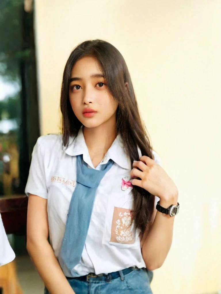 4k, high definition, RAW, best quality, indonesian high school girl, 1girl, beautiful detailed eyes, beautiful detailed lips, extremely detailed face and features, longeyebrows, long eyelashes, , looking at camera, standing pose, intricate details, photorealistic, hyper detailed, high resolution, cinematic lighting, vibrant colors, natural lighting, soft shadows, clean aesthetic