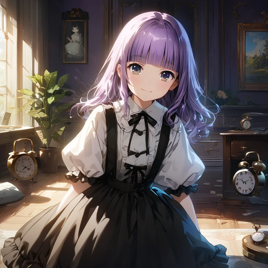 a white rabbit costume from Alice in Wonderland with Alarm Clock,(Cute a girl:1.5), (masterpiece:1.3), anime visual, (Lovey-dovey:1.5), (tilt head:1.3), extremely delicate face, realistic lighting and shading, (an extremely delicate and beautiful art:1.3),15 years old,smiling,(pale purple wavy and blunt bangs hair,green and black eyes:1.5)from front,fullbody shot,full body shot,