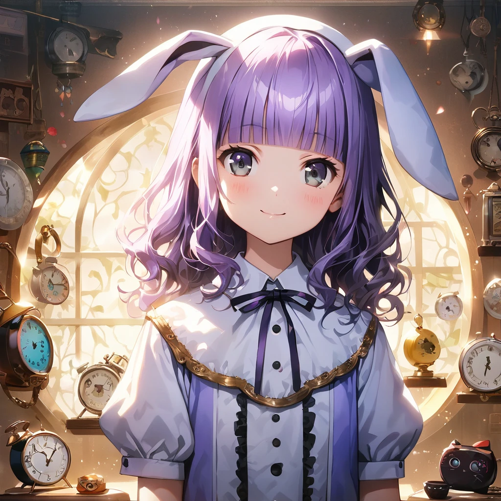a white rabbit costume from Alice in Wonderland with Alarm Clock,(Cute a girl:1.5), (masterpiece:1.3), anime visual, (Lovey-dovey:1.5), (tilt head:1.3), extremely delicate face, realistic lighting and shading, (an extremely delicate and beautiful art:1.3),15 years old,smiling,(pale purple wavy and blunt bangs hair,green and black eyes:1.5)from front,fullbody shot,full body shot,