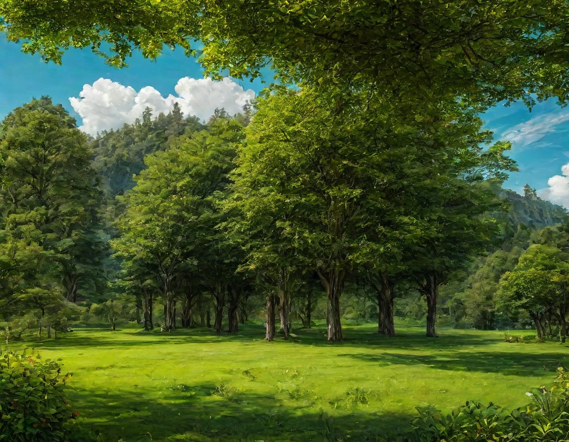 Gigantic green meadow with trees on the sides, an azure blue sky with white clouds. In the middle of the scene, il y a une maison en bois toute seule. [Timber house] [realistic] [scenery] [Nature]