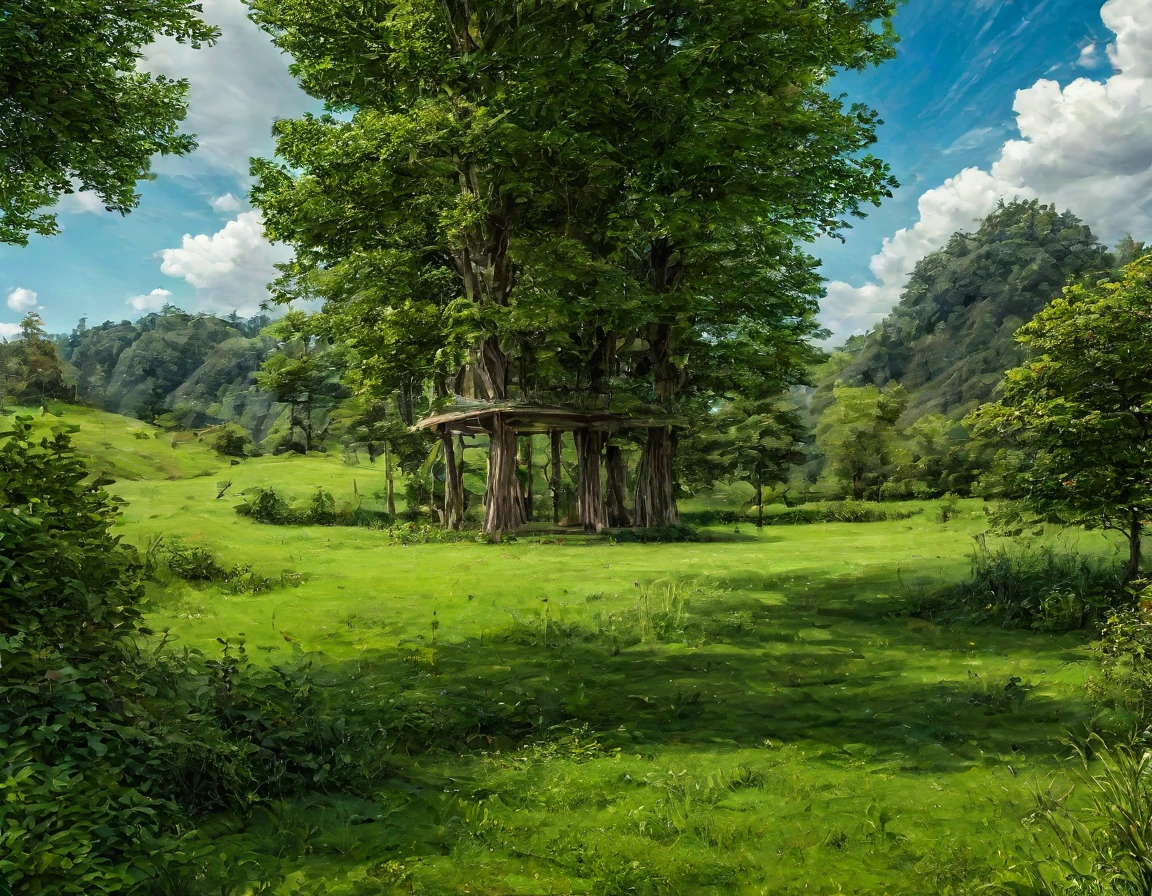 Gigantic green meadow with trees on the sides, an azure blue sky with white clouds. In the middle of the scene, il y a une maison en bois toute seule. [Timber house] [realistic] [scenery] [Nature]