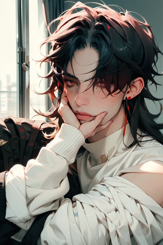 masterpiece, best quality, 1boy, male focus, blade \(honkai: star rail\), red eyes, bangs, hair bangs covered one eyes, (white sweater:1.2), upper body, portrait, looking at viewer, indoors, bedroom, detailed face, detailed hands, hands on chin, chin resting on hands