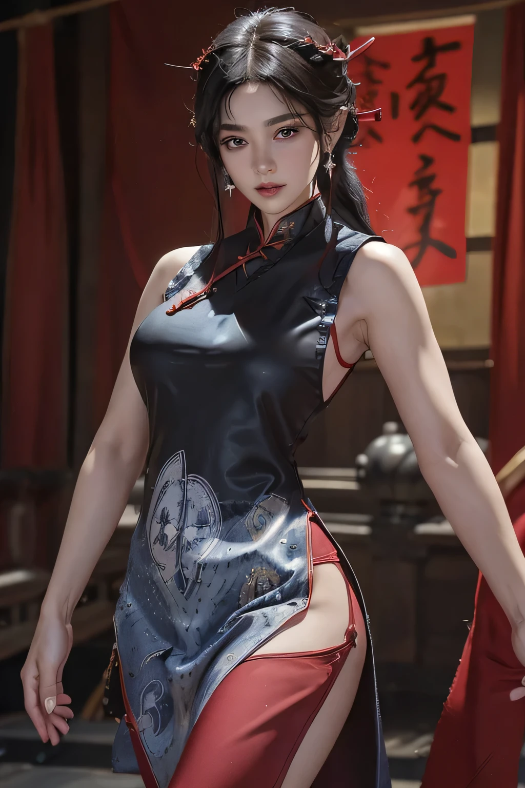 Non-NSFW、Realistic、Highest quality、Highest quality、masterpiece、Ultra-high resolution、RAW Photos、Realistic、Bright lighting、Face Light、Smooth Professional Lighting、Looking into the camera、alone、Adult female、Beautiful woman、Super Beauty、Realistic肌、Moisturized Skin、Realistic eyes and faces、Perfect model body shape、Beautiful Eyes、Big eyes、Inconspicuous tear bags、slim、Medium sized big breasts、No bra、Beautiful fingers、Very short hair、Jet Black Hair、Iris、Looks happy、(Both ears are hidden by hair)、(((Red costume)))、Fantasy World、(((Holy Lady)))、Inside the temple, Small Ass, A konigsreuter,(no good:1.5), (Sleeveless High-Slit red cheongsam clothes:1.6),(Cowboy Shot:1.6)