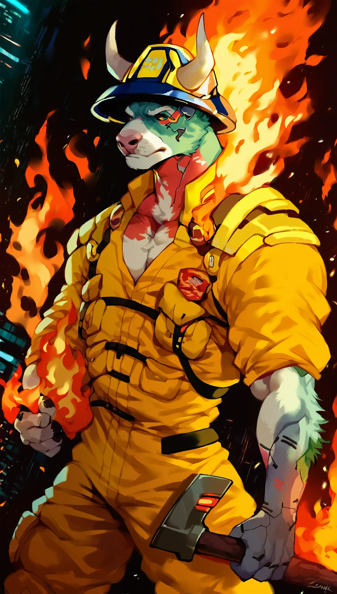 score_9, score_8_up, score_7_up, (cyberpunk city, wildfire, emergency, fire on background:1.5),
((Bull:1.2), anthro, horns, solo, male, (portrait, standing), (holding axe), ((wearing firefighter uniform), (wearing helmet)), ((bull fur)), muscular, beautiful, (have cyberpunk-style additions)