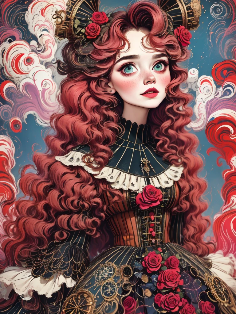 highest quality，masterpiece：1.2，detailed details，4k realistic roman mythology, girl, Halloween dress-up，steampunk gothic victorian style, dark colour, psychology, Surrealism, sublimation, subconsciousness, mood, enthusiasm, Pink、White and red details, Rose background，Green smoke from hair, Blue smoke background, Soft red and blue light,