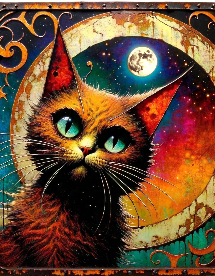 decorative rusty metal sign with a drawing of a satanic cat and a moon, artwork inspired by dave mcKean, vivid colors, intricate details, oil.