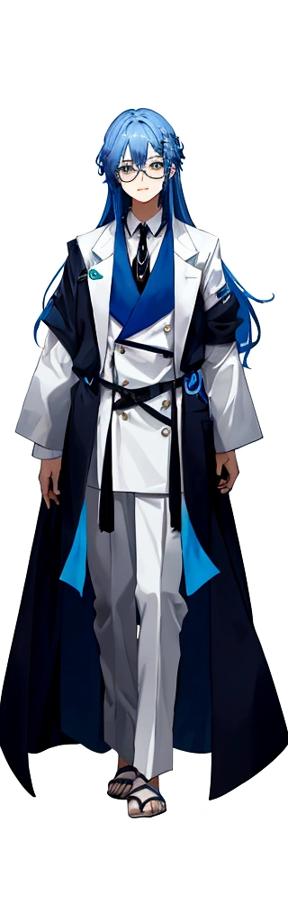 Man with blue hair, {alone} ,{{{Looking at viewer}}},{{{You can see the toes}}},Concept Art, White Background, Simple ground,Long Wavy Hair,Waist-length perm hair, {{{Description of the whole body}}} , {{{It is drawn up to the feet}}},Man in suit, Highest quality, masterpiece,Cowboy Shot, Looking_return,I have a smartphone,young,25 talents, Blue Hair,Simple Suit, Long-sleeved lab coat, Beautiful droopy eyes, I have a smartphone,Droopy eyes, smile,young,Wear glasses on your head,transparent_returnground, returnlighting, White Background, High resolution, Very detailed, information,Short,8K,Official Art
