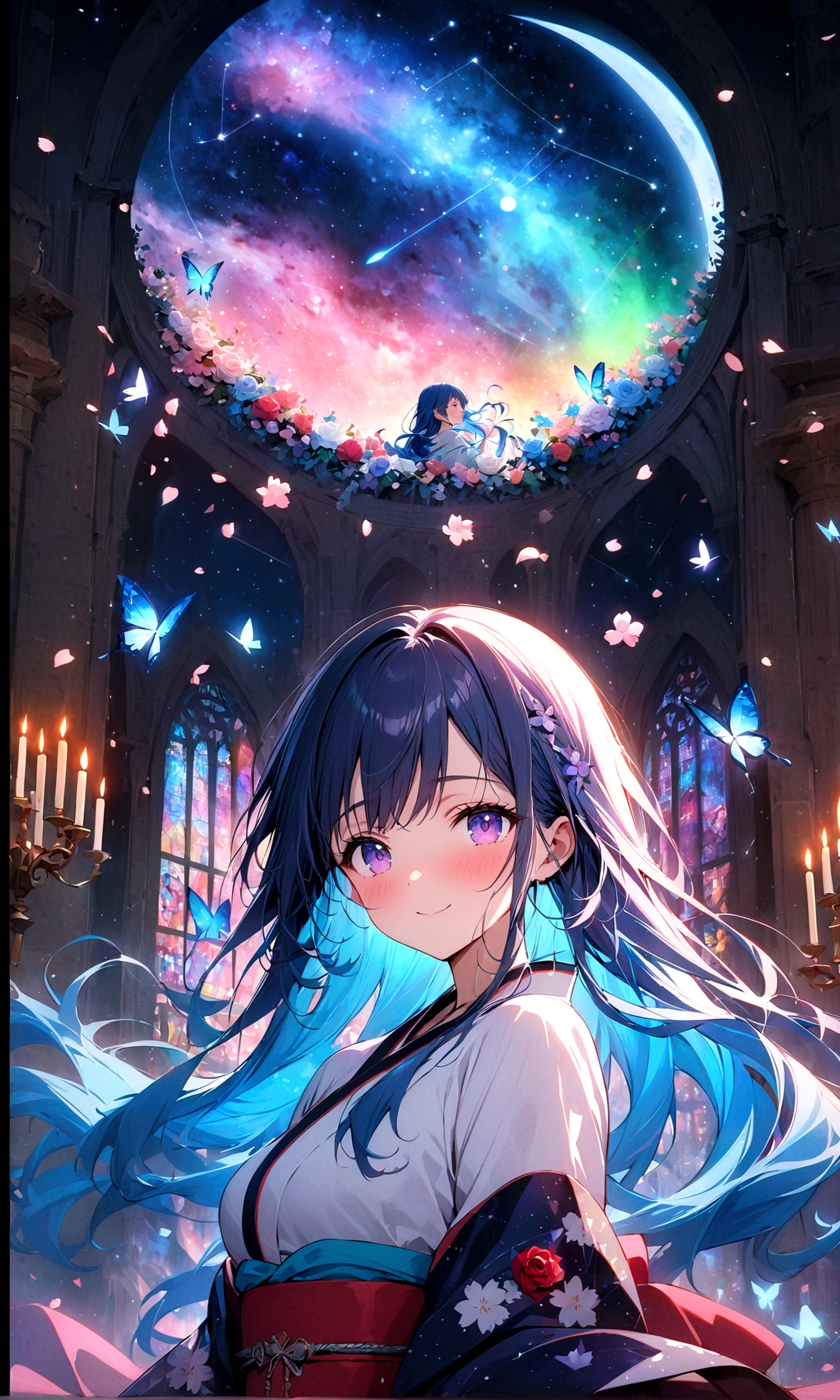 ((masterpiece:1.4)), (best quality), (ultra-detailed), anime style, 1girl, blue hair, long hair, musical note, shooting star, space, galaxy, aurora, seven-colored light, red rose, purple rose, white rose, close-up of face, butterfly, constellation, girl riding on a crescent moon, nebula, cherry blossom petals, stained glass, entire field of stained glass flowers, night cherry blossoms, kimono, blushing, blush, smile, zoom, reflection, planetarium, flowing hair, church, candelabra, dancing patterns.