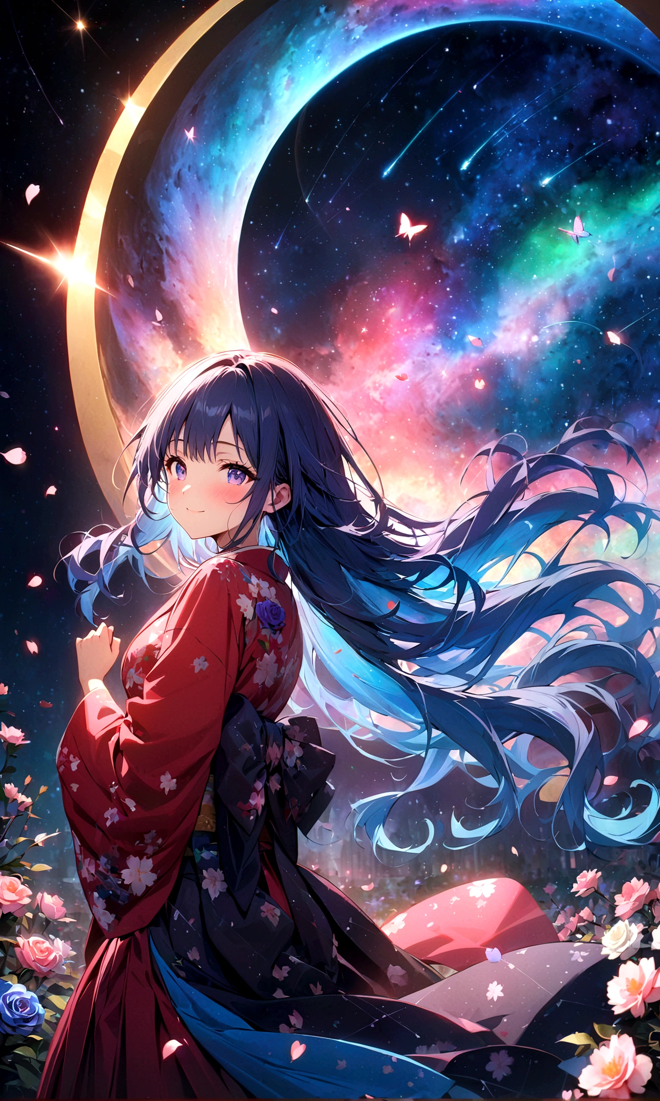 ((masterpiece:1.4)), (best quality), (ultra-detailed), anime style, 1girl, blue hair, long hair, musical note, shooting star, space, galaxy, aurora, seven-colored light, red rose, purple rose, white rose, close-up of face, butterfly, constellation, girl riding on a crescent moon, nebula, cherry blossom petals, stained glass, entire field of stained glass flowers, night cherry blossoms, kimono, blushing, blush, smile, zoom, reflection, planetarium, flowing hair, church, candelabra, dancing patterns.