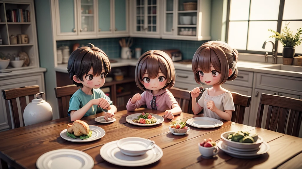 A 8 yo boy and 10 yo girl help theirs parents bring empty dishes, ready to set the dining table, carriying empty plates, forks and spoon and glasses, smiling widely, colorful and lively kitchen setting, cartoonish charm, soft and glowy lighting, highly detailed digital illustration, similar to high-quality children's books, DIGITAL ART. 3D, 16k