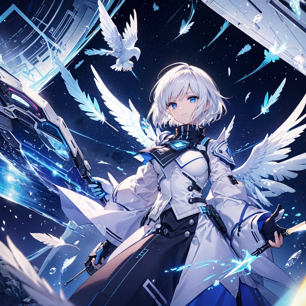 ((Archangel Fantasy White Hair Short Hair Blue Eyes 1 person)) ((There is a galaxy uniform Put on a coat without putting your arms through it)) (((Wings many times larger than mine Glass Feather))) ((Spear of Light cyber punk Smiling Kindly front)) ((tears gloves)) (Broken glass Rolling Pebble Distorted Space-Time star) Catch the wind milky way Shining Background Particles of light rainbow colored edges Shining Edges star