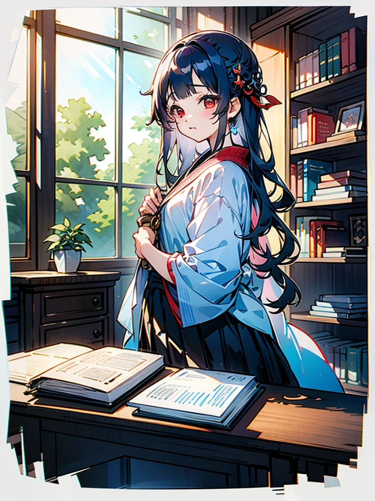 ((masterpiece,best quality))1girl, solo, bookshelf, pile of books, suzuno, indoors, hair ornament, yuina, red eyes,