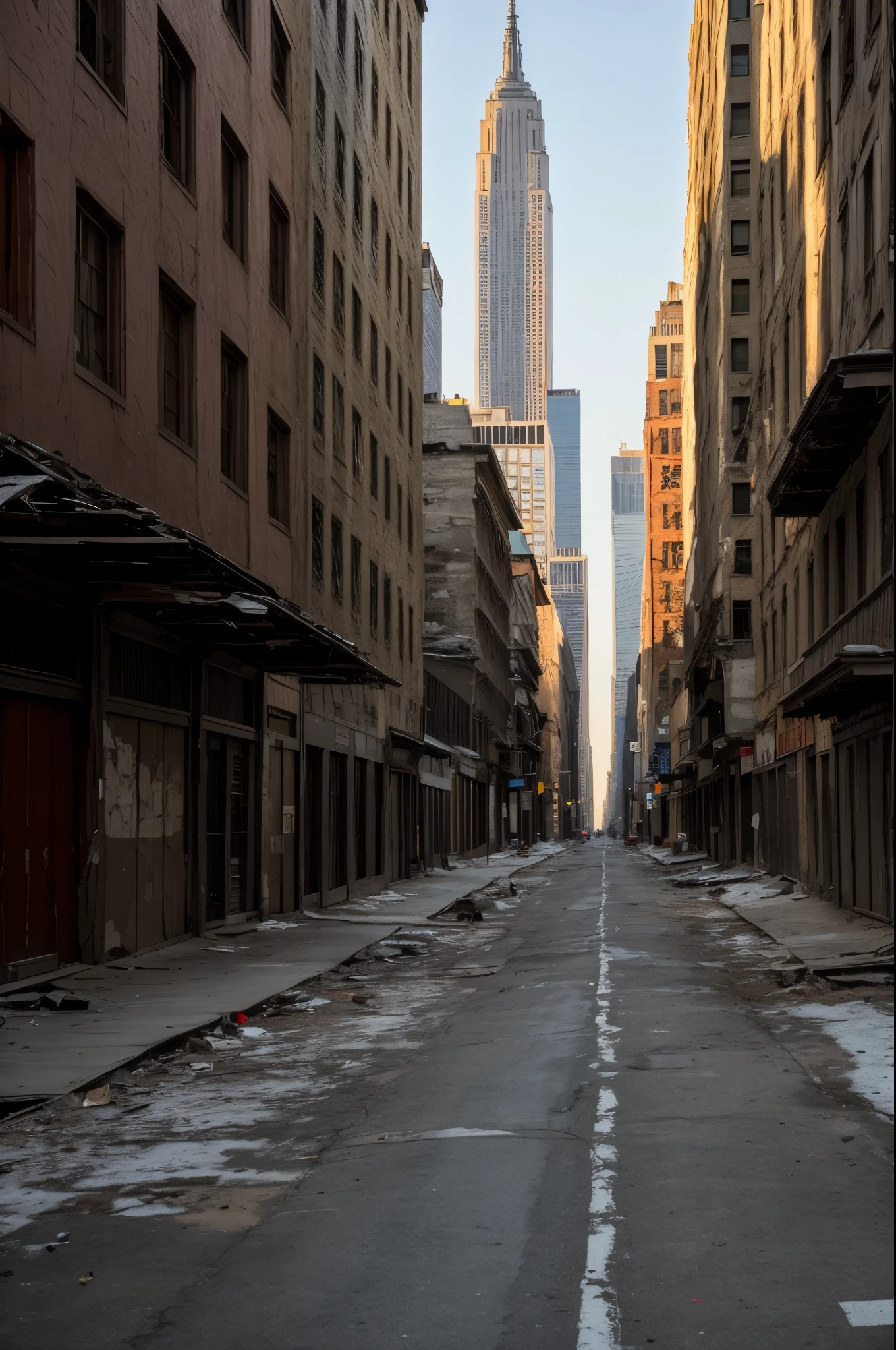 ((Highest quality)), ((masterpiece)), (detailed), NY street, dawn, Dilapidated, somewhat nostalgic, sparsely populated