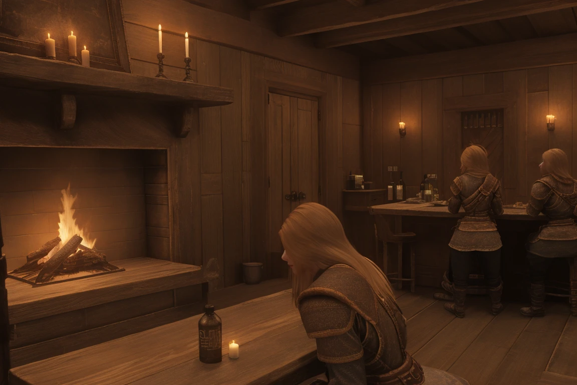 A warm glow emanates from the hearth as a lone figure sits at the wooden bar of Skyrim Inn. A female Breton, her blonde tresses adorned with a sprig of lavender, gazes longingly into the flames, lost in thought. Across from her, a viewer, clad in worn leather armor, leans against the counter, eyes locked onto hers as they share a tender moment amidst the rustic charm of the inn's wooden furnishings and soft candlelight. Skyrim style