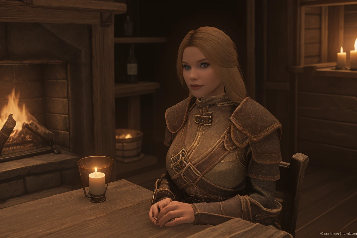 A warm glow emanates from the hearth as a lone figure sits at the wooden bar of Skyrim Inn. A female Breton, her blonde tresses adorned with a sprig of lavender, gazes longingly into the flames, lost in thought. Across from her, a viewer, clad in worn leather armor, leans against the counter, eyes locked onto hers as they share a tender moment amidst the rustic charm of the inn's wooden furnishings and soft candlelight. Skyrim style