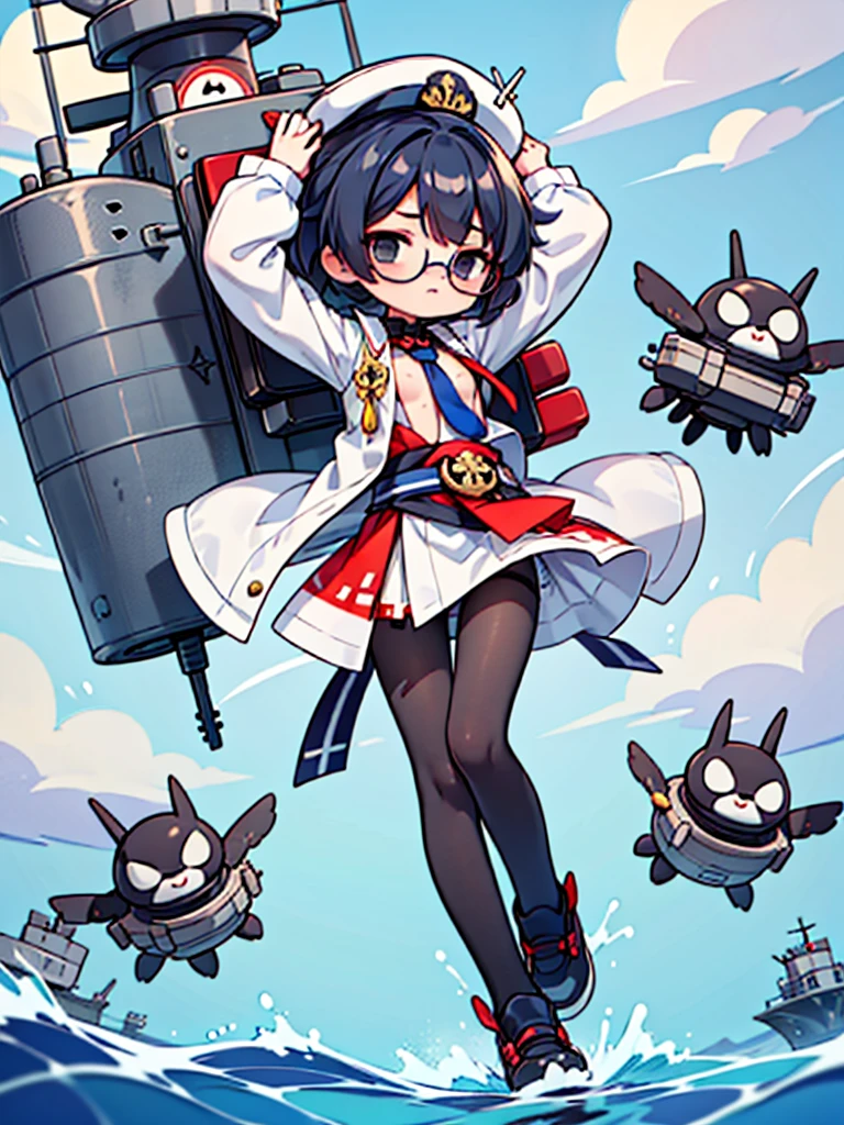 ((((Full body of a woman with perfect flat chest、solo、Short unkempt black hair、Tie your hair up、white military jacket、Miko costume、tights、Black glasses、White military cap、Cloudy black eyes、Sleepy expression)))), (((masterpiece))), (((Shipgirl))), ((Floating on the morning sea with both feet)), (Spread your legs wide open), (Hold the turret with your right hand), (Mechanical arms extending from the waist are used to equip the ship with battleship equipment.), (Equipped with a turret on the back), (Holds the turret with his left arm), Shotgun shells are attached to the thigh with a belt, Spreading the Machine's Wings, Machine tail, shotgun,