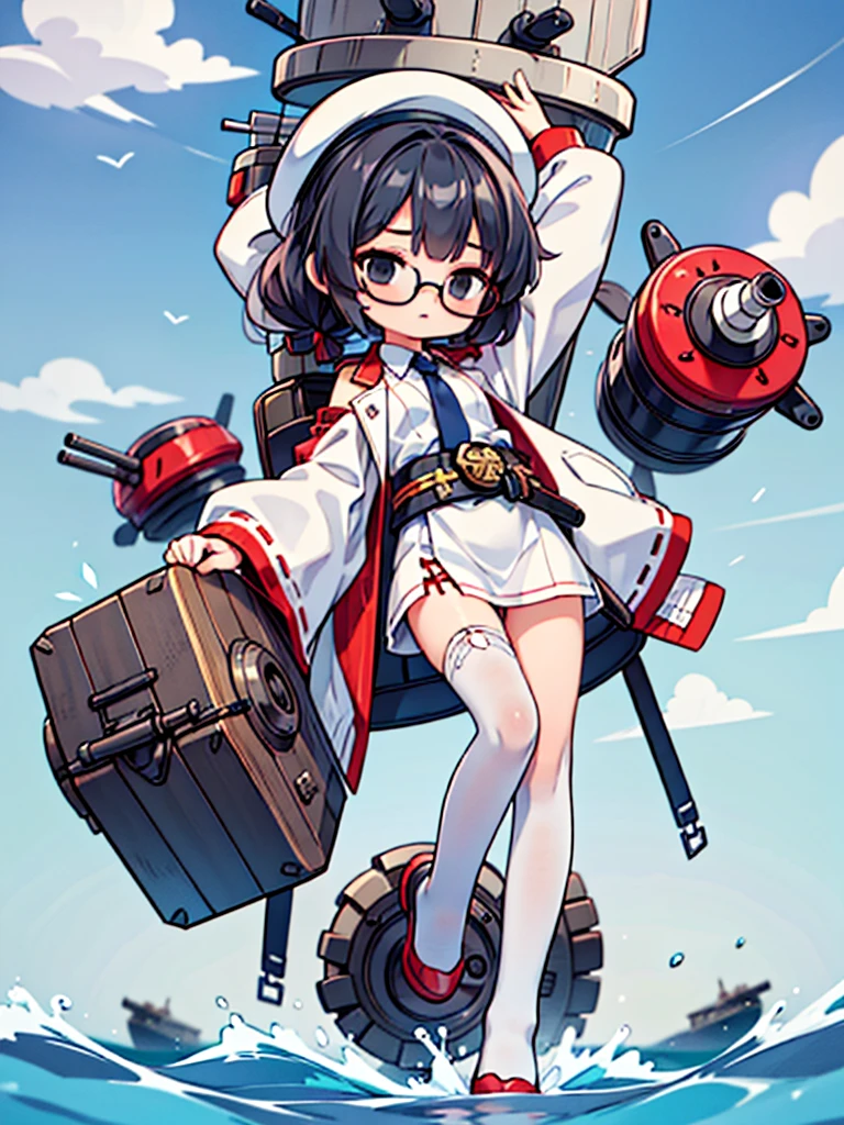 ((((Full body of a woman with perfect flat chest、solo、Short unkempt black hair、Tie your hair up、white military jacket、Miko costume、tights、Black glasses、White military cap、Cloudy black eyes、Sleepy expression)))), (((masterpiece))), (((Shipgirl))), ((Floating on the morning sea with both feet)), (Spread your legs wide open), (Hold the turret with your right hand), (Mechanical arms extending from the waist are used to equip the ship with battleship equipment.), (Equipped with a turret on the back), (Holds the turret with his left arm), Shotgun shells are attached to the thigh with a belt, Spreading the Machine&#39;s Wings, Machine tail,  shotgun, 