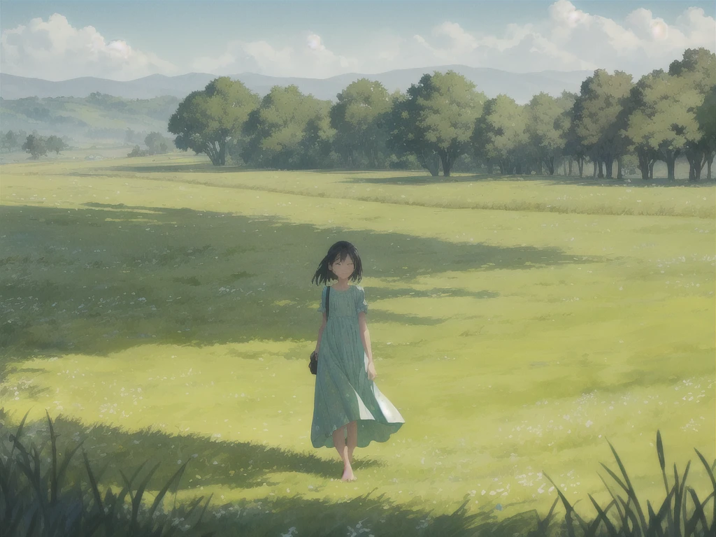 On the grassland that stretches into the distance１A girl is walking.Wear a liberating dress．Barefoot and empty-handed, she just walks．Walking absentmindedly, blending into the grassland．
break、The green grassland continues、The wind sways the grass like ocean waves.．The green of the grassland is vivid and soft..
Watercolor style.