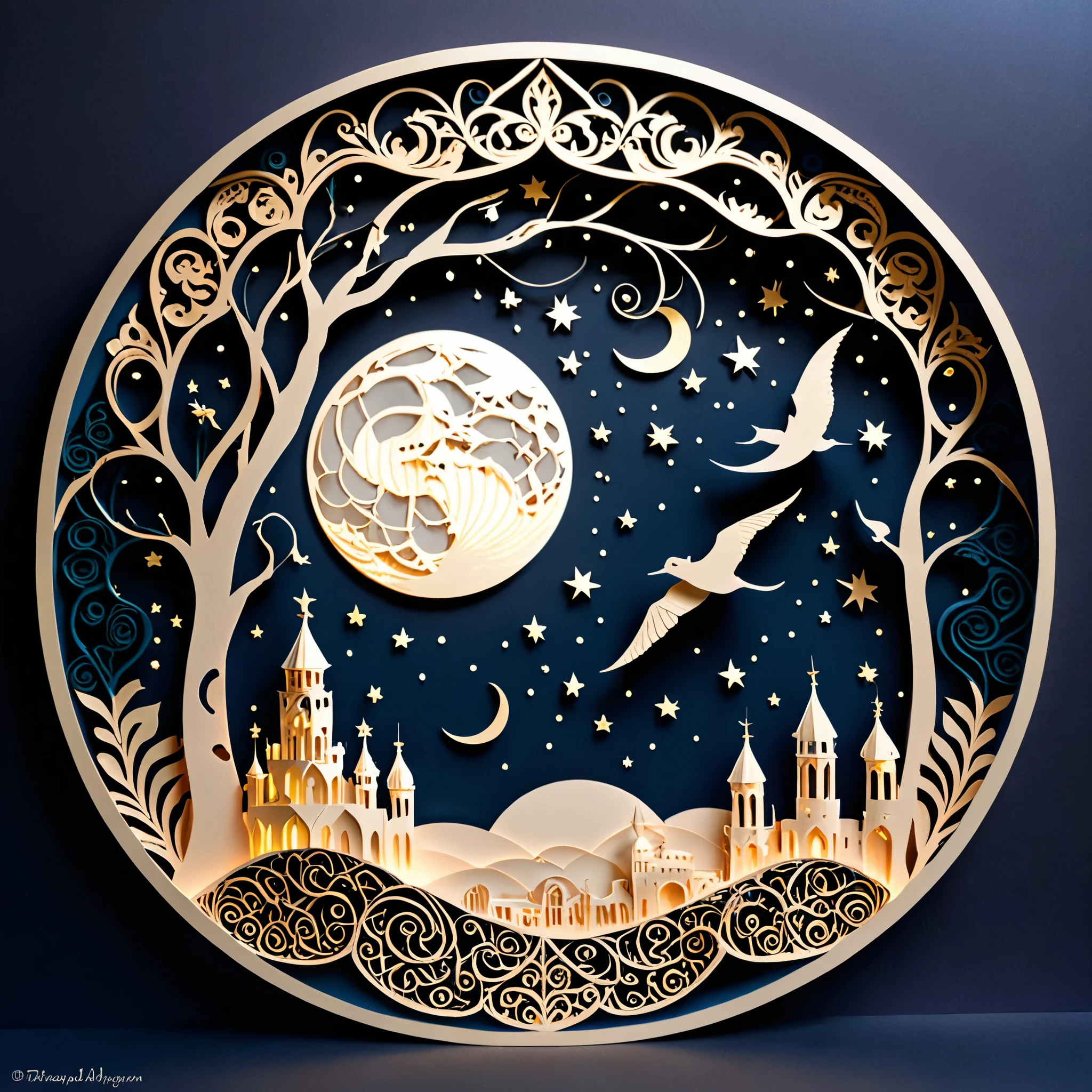 Create a detailed paper cutout artwork depicting an intricate scene of arabesque patterns against a moonlit night. The artwork should include elaborate, swirling designs that capture the essence of arabesque art, set against the backdrop of a serene night sky illuminated by a full moon. The moonlight should cast delicate shadows and highlights on the patterns, enhancing their depth and intricacy. The overall mood should be mystical and elegant, evoking a sense of timeless beauty.