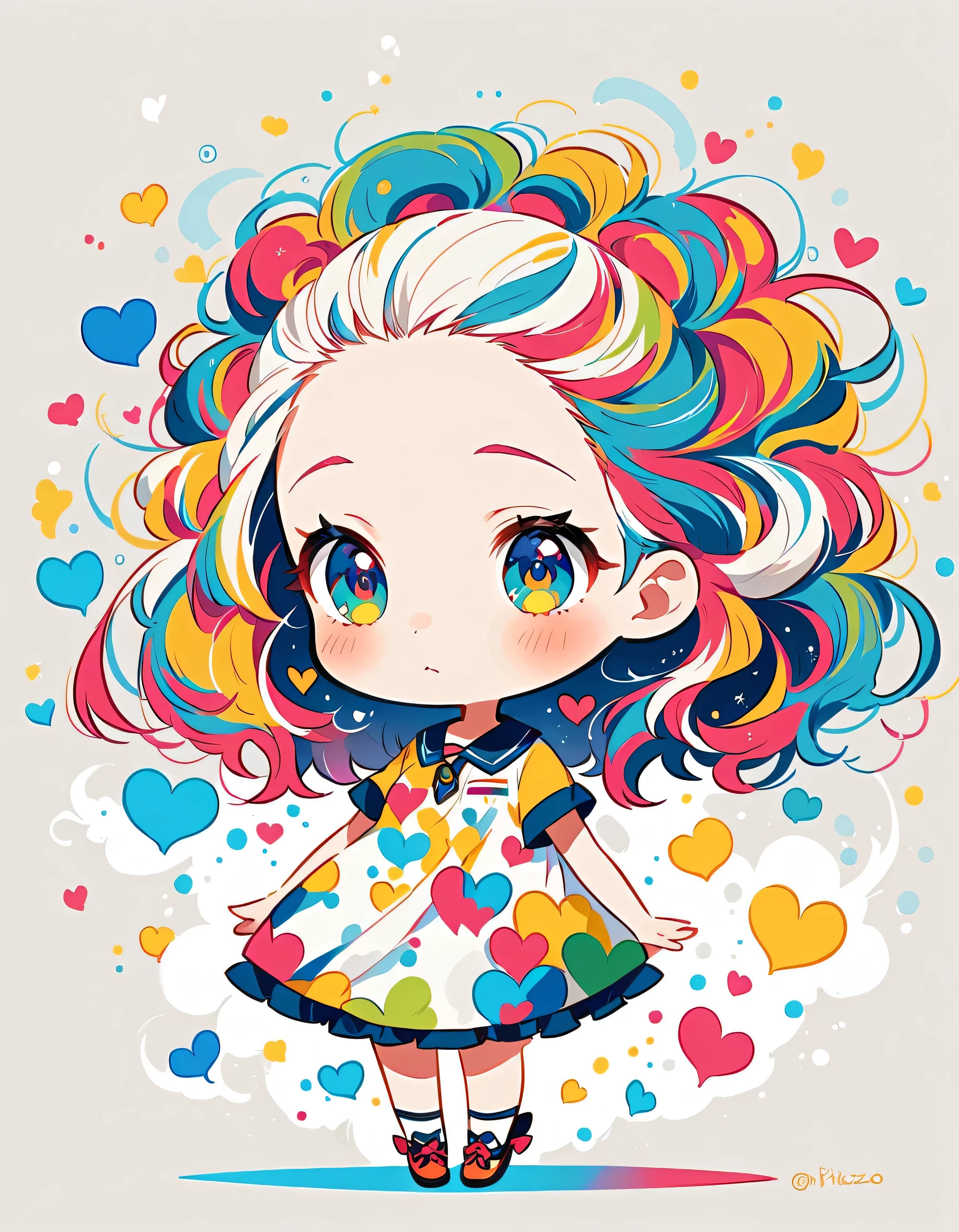 Mika Pikazo style, Simple Line Initialism,Abstract art,Urban Background, colorful hearts ,(((The most beautiful girl of all time))), (((chibi))), walking with Cute amoeba
