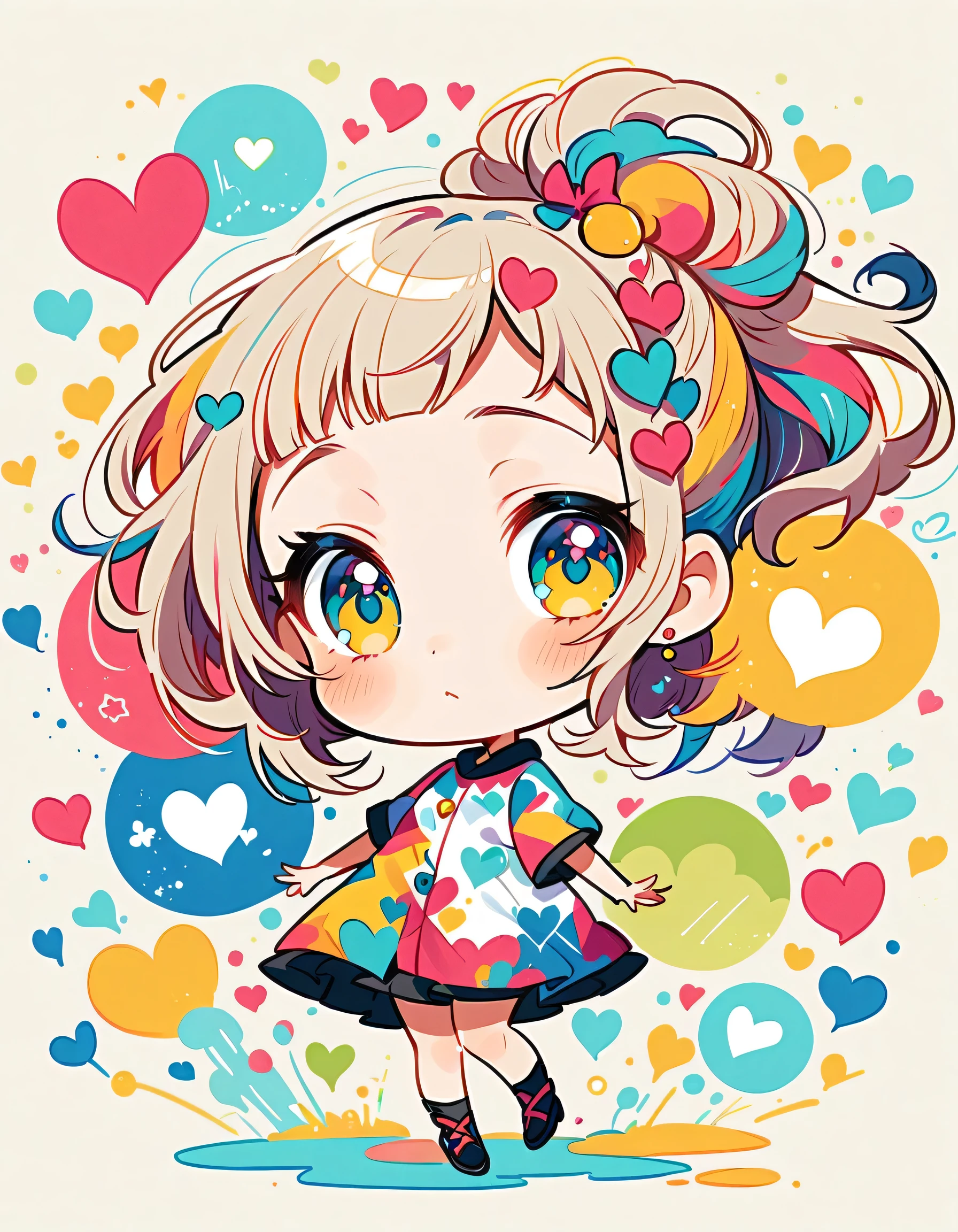 Mika Pikazo style, Simple Line Initialism,Abstract art,Urban Background, colorful hearts ,(((The most beautiful girl of all time))), (((chibi))), walking with Cute amoeba