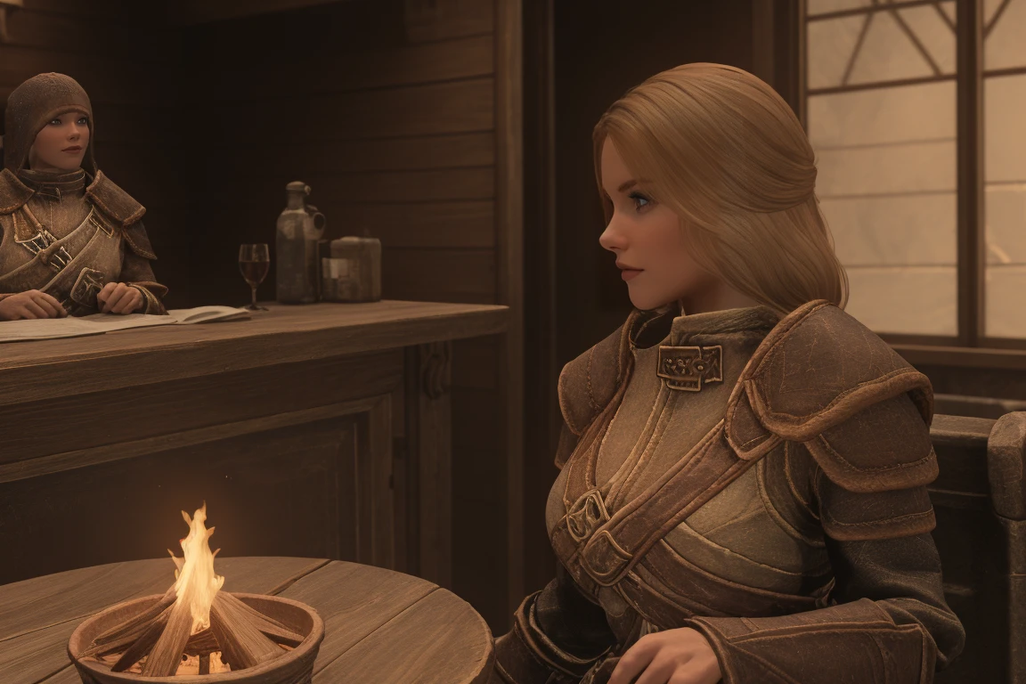 A warm glow emanates from the hearth as a lone figure sits at the wooden bar of Skyrim Inn. A female Breton, her blonde tresses adorned with a sprig of lavender, gazes longingly into the flames, lost in thought. Across from her, a viewer, clad in worn leather armor, leans against the counter, eyes locked onto hers as they share a tender moment amidst the rustic charm of the inn's wooden furnishings and soft sunlight. daytime, Skyrim style