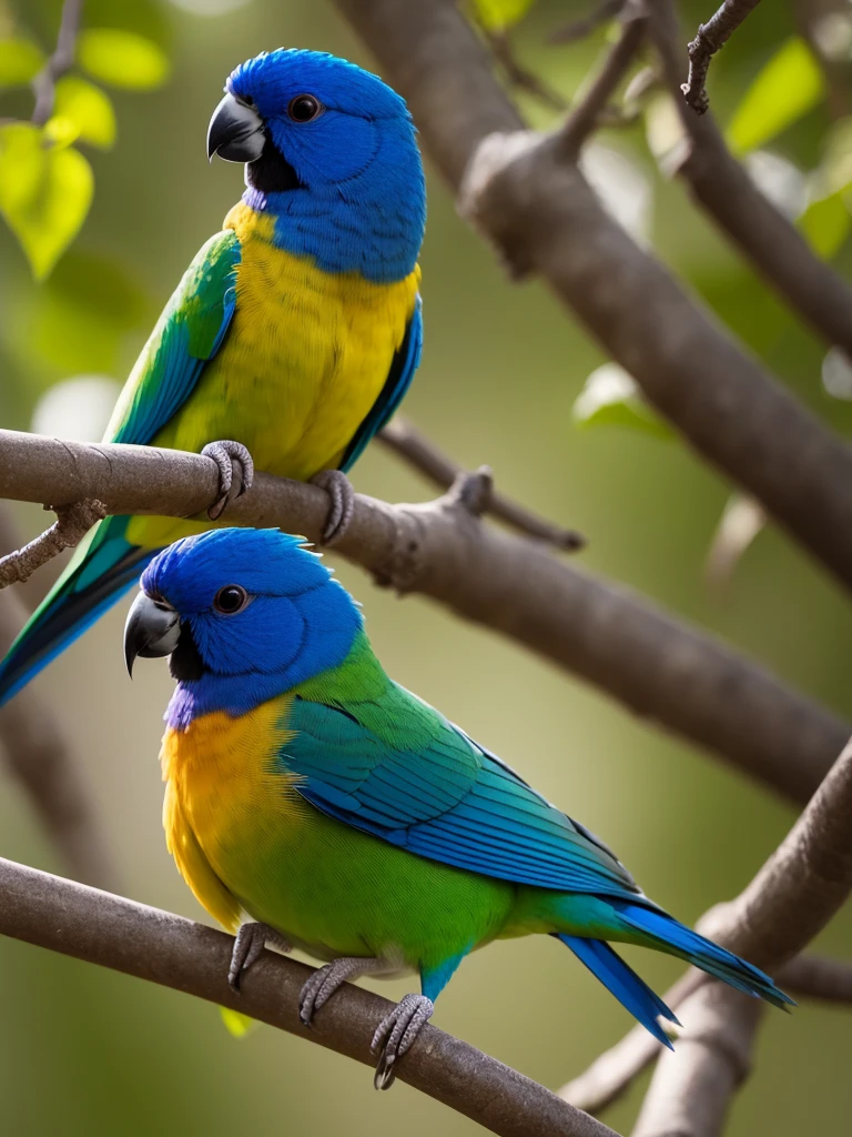  Create a highly detailed and lifelike digital painting of a Blue-crowned Hanging Parrot (Loriculus galgulus). Focus on capturing the vibrant green plumage, striking blue crown, and the bright red patch on its throat and rump. The bird should be depicted in a close-up view, perched delicately on a thin branch. Highlight the fine details of its feathers, the subtle variations in color, and the texture of its small, curved beak. Use a simple, blurred background with soft, natural tones to emphasize the bird's vibrant colors and intricate details. Include realistic lighting to bring out the sheen on its feathers and to create depth and dimension in the image. Capture the bird's curious and lively expression, showcasing its unique and beautiful features in a highly detailed and realistic manner."