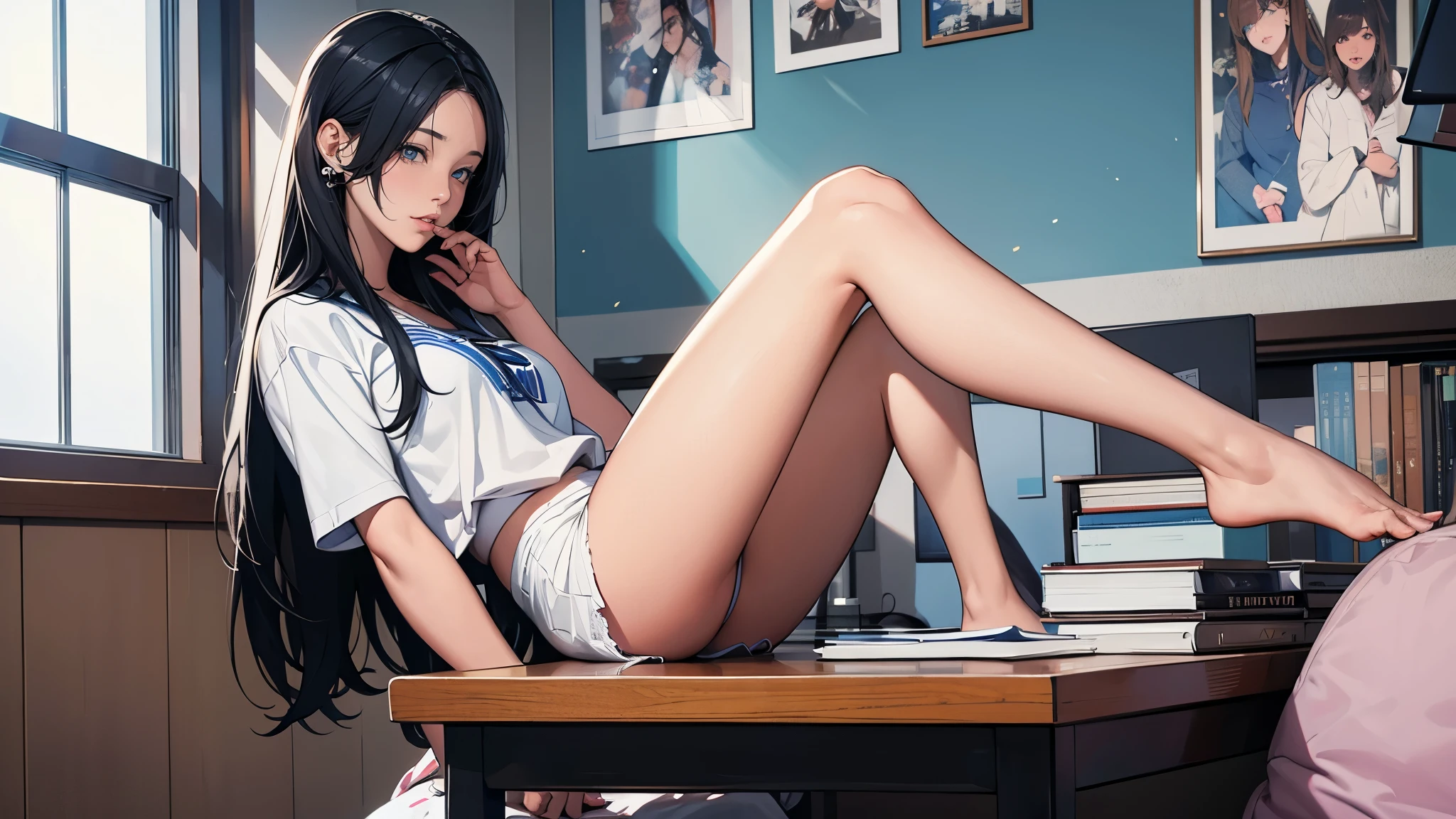 Ultra HD、super high quality、masterpiece、detailed、8K、The place is your room、A high school girl in her room1Person sitting and listening to music on headphones、Studying at a desk、15-year-old high school girl、The high school girl is Russian and has long black hair.、Has blue eyes、She has a flower tattoo and a glamorous figure.、The clothes she's wearing are a camisole and a miniskirt、Knee-high、Pretty sexy、Lo-Fi images