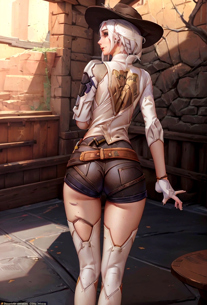 one in, ashe from overwatch, 19 years old, slim figure, runners body, pale skin and freckles, delicate nose, soft and delicate lips, facing away from camera, butt pose, wearing short shorts, barn interior, sexy pose