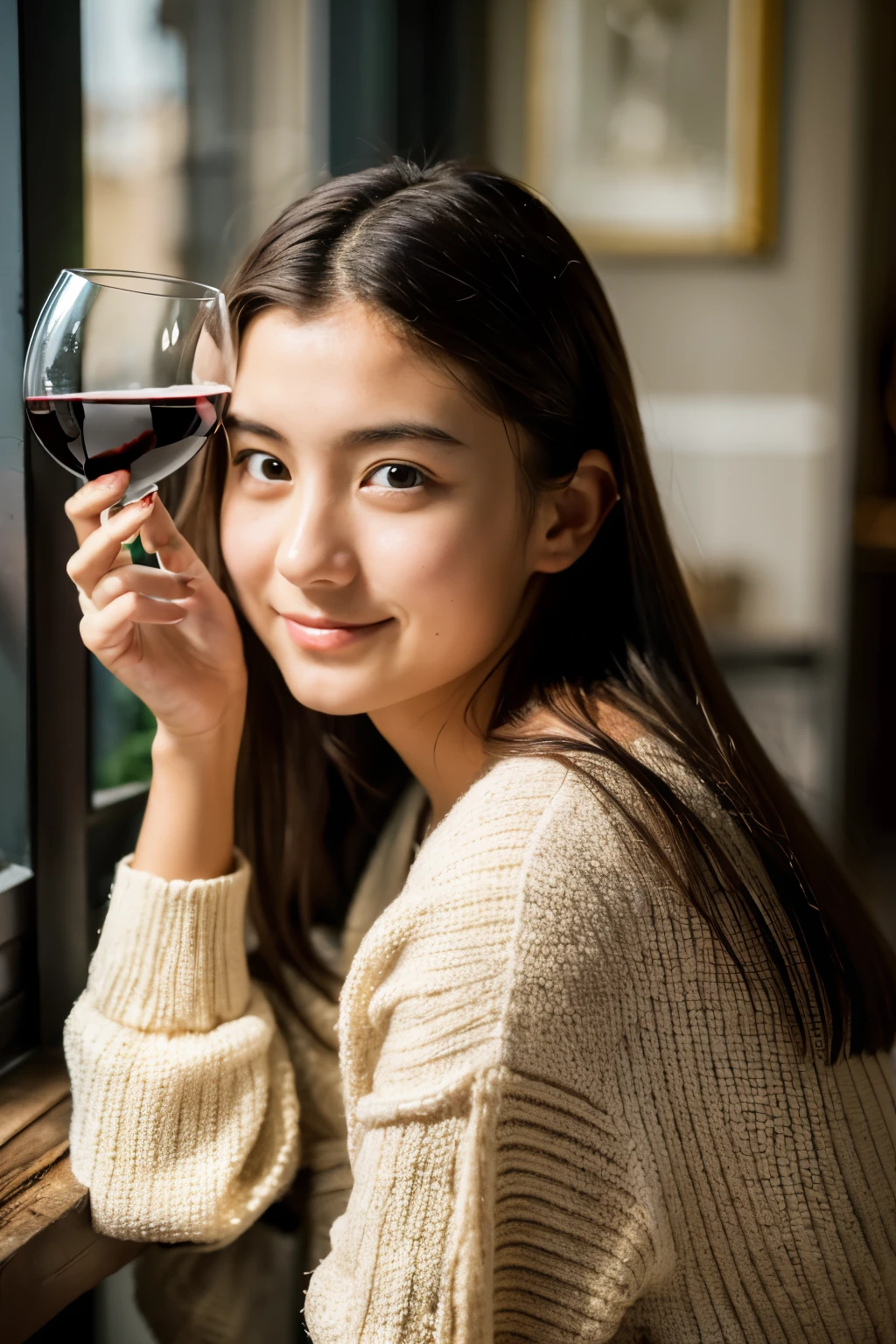 (masterpiece, Highest quality:1.2), (RAW Photos), Spotted sunlight, Dramatic lighting, (Beautiful 14 year old Swedish-Japanese girl), (avert your eyes), (A shy smile:0.8),  BREAK Wine, wine glasses, wine sommelier lady