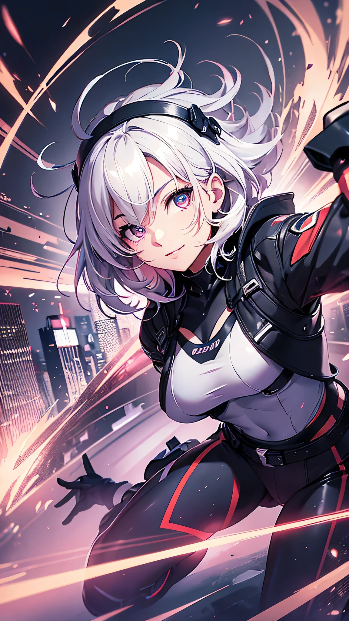 Highest quality、Highest quality、Masterpiece、girl((20-year-old、as soon as、Highest Bust、Medium Bust、Wide open chest、Red glowing eyes、Light Silver Hair、Disheveled Hair、Loincloth、thin、The best valley、Open chest、Full body view、Colorful tank top、Colorful Pants、Smile、Leaning forward greatly))、high quality、Beautiful Art、background((Bright Cities))、flight、Flying Debris、Depth of text、movie、Visual Arts、Perfect Art、8K、Genuine、