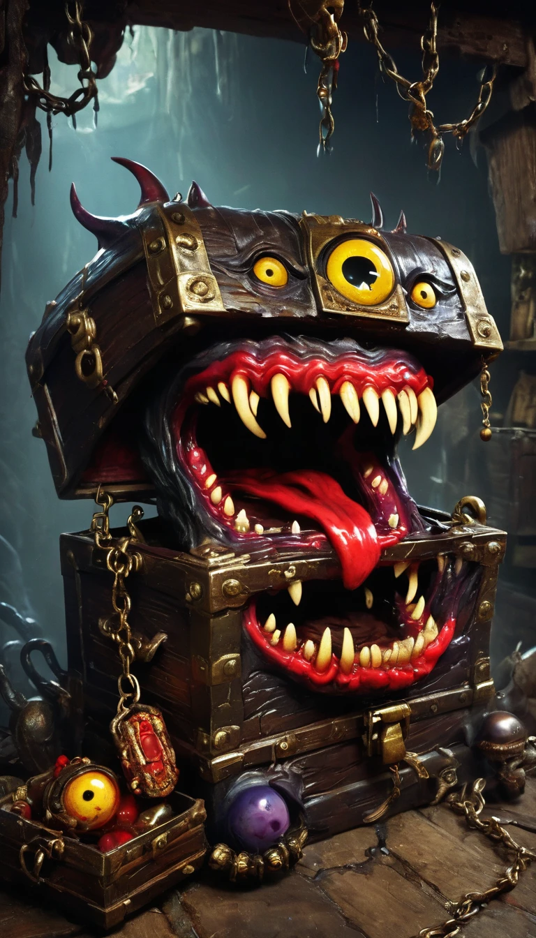 (masterpiece, best quality:1.2), dark,Fear,imitate,Suspension,Mimic,Treasure Box Monster,Weird tongue and nasty teeth.