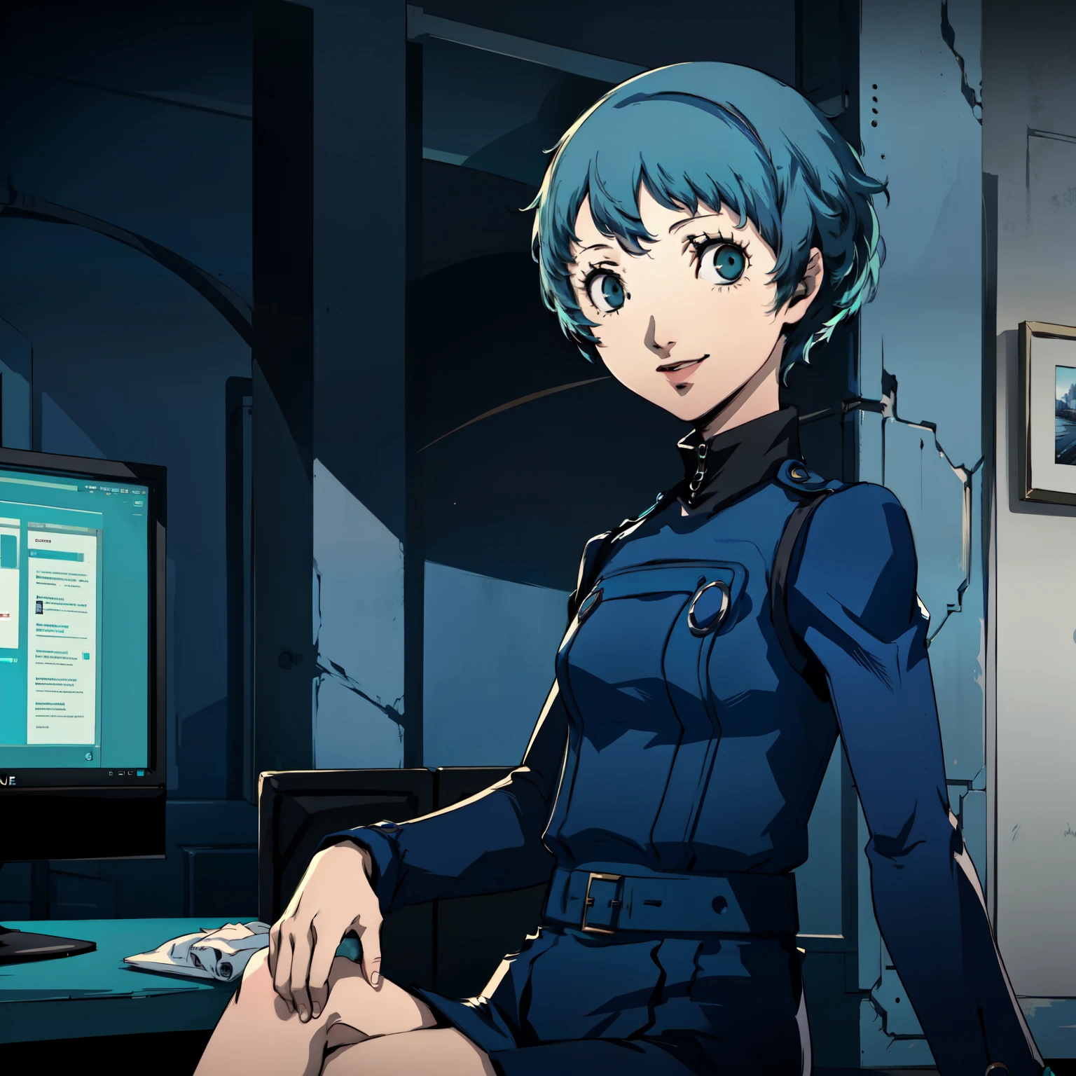 ((P3 Yamagishi Fuuka)),masterpiece, ((best quality)),((1 girl)), blue eyes, aqua hair, female , tomboy Pixie haircut, deep blue suit,smiling,hacker,in the,dark room,sitting,looking monitor,
