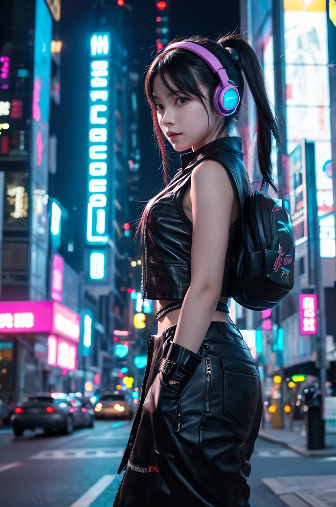 A stylish girl wearing headphones, standing in a futuristic city, with a cyberpunk vibe.