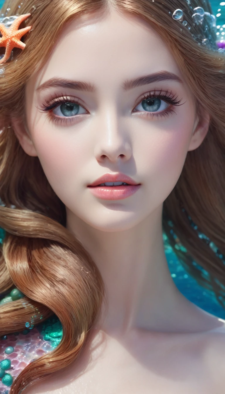 (best quality,4k,8k,highres,masterpiece:1.2),ultra-detailed,(realistic,photorealistic,photo-realistic:1.37),(whole body:1.3)mermaid princess, detailed face, beautiful eyes, long eyelashes, delicate lips, elegant hairstyle, shimmering scales, flowing underwater hair, sea creature background, fantasy underwater scene, vibrant colors, dramatic lighting, soft focus, ethereal atmosphere