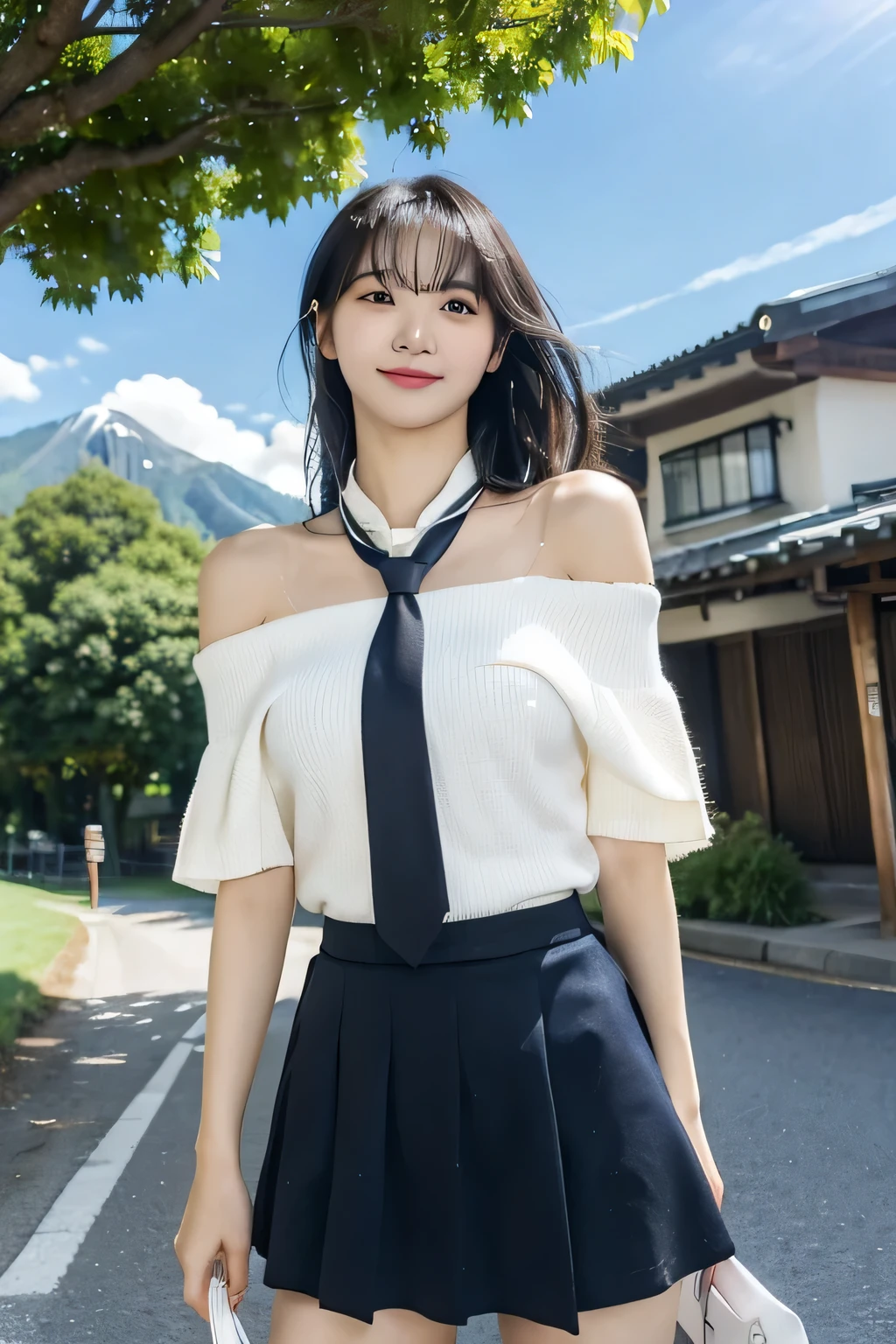 Japanese girl, looking upwards, off shoulder, necktie, short skirt, smile, sexy pose, sunny day, sun ray effect, strong wind, blue sky, withe cloud, leaves, grass, street, mountains landscape, super realistic