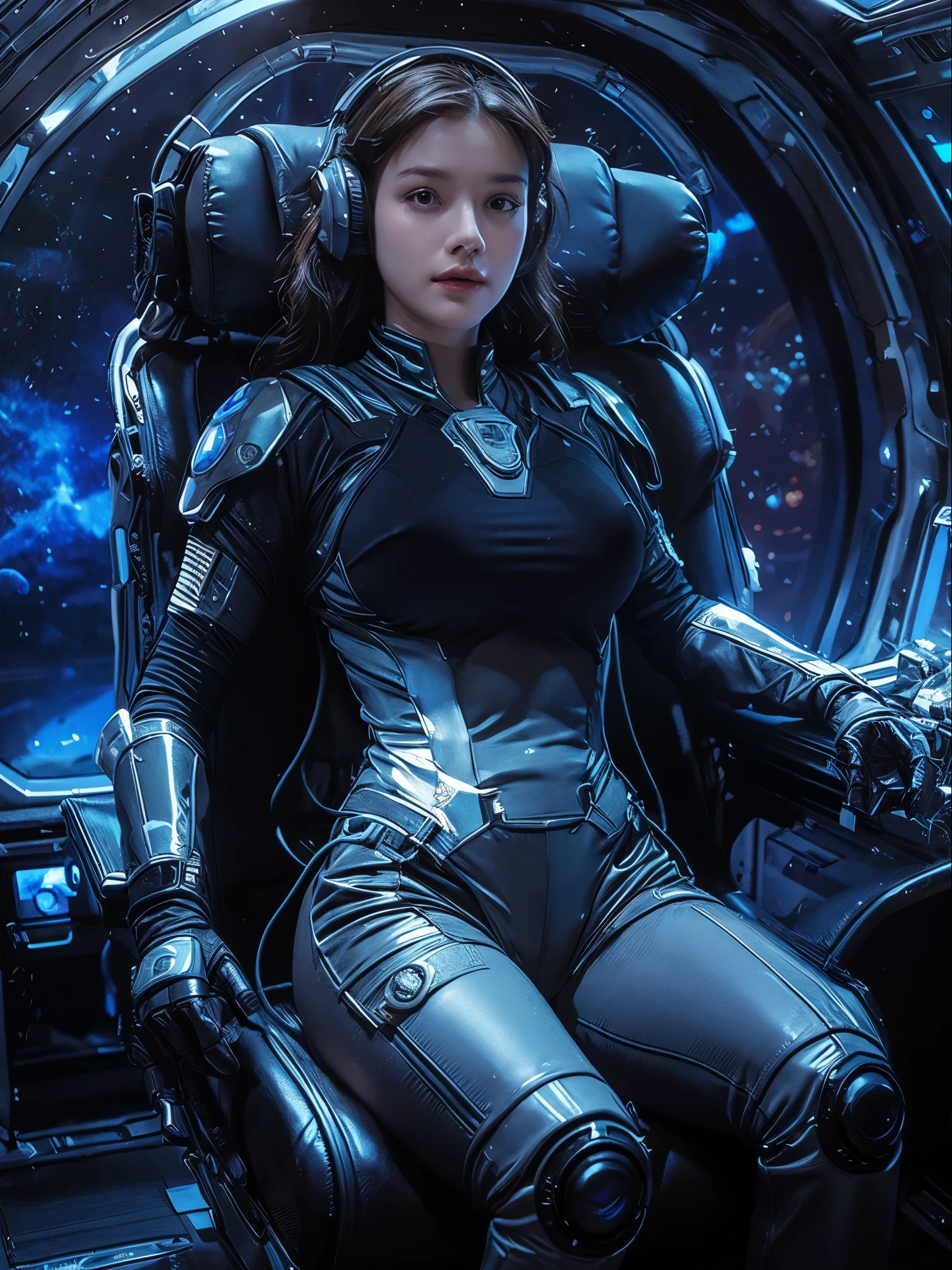 a sexy woman in a space suit sitting in a space station, gigantic breasts, beautiful woman in spacesuit, in a scifi movie, sci - fi pilot, scifi woman, sci-fi female, clothed in sci-fi military armor, on a spaceship, powerful woman sitting in space, fully space suited, in a spaceship, in spacesuit, sci - fi suit, futuristic starship crew member