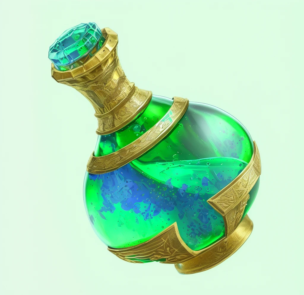 A poison bottle with green liquid,4K,The outside of the bottle is inlaid with a gorgeous gold frame,The bottleneck is the gold inlay,Wooden stopper,The bottle has a worn skull label on it.,HD quality,High-quality posters,Game Icon,4K,