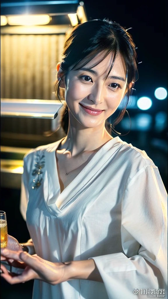 Ultra-realistic front-on portraits taken by a professional photographer。32k, 7 heads、(A short-sleeved business shirt with a wide V-neck and a very thin white fabric.:1.9)。((Highest quality)), ((masterpiece)), (detailed), (midnight ,A Tokyo food stall in the dark under a new moon and light rain, Low Key Lighting:1.6)、(looking at viewer, Staring Intently :1.2),  A very beautiful, extremely elegant and intelligent 42 year old Japanese woman.。Very intelligent and goddess-like face。(An extremely elegant, calm and modest smile, Being drunk、My eyes are watering、I&#39;m lustful、embarrassed ,blush, Curvy Body:1.5)、A short, well-groomed, shiny black haircut。The skin is white and very smooth。　(A very hot rainy summer night、I&#39;m pretty sweaty、Her clothes were soaking wet, and through the extremely thin fabric her skin and navy blue, lacy, high-end underwear were clearly visible.:1.9)。(A long navy pencil skirt with a long slit in the front,The clothes fit the body very well:1.8), (The line of the chest, collarbone and décolletage are extremely beautiful.:1.9)。She is looking straight at the camera with a very shy look on her face.。Light makeup and no piercings,A simple and modest pearl necklace、Straddling a chair, spread legs